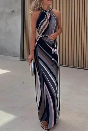 Elegant Geometric Print Bandage Contrast Halter One Step Skirt Dresses