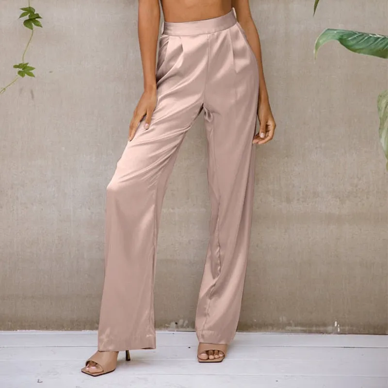 Elegant Satin Wide Leg Pants 2022 Fashion Long Pants Women High Waist Lady Pleated Casual Pockets Office Pantalon Femme