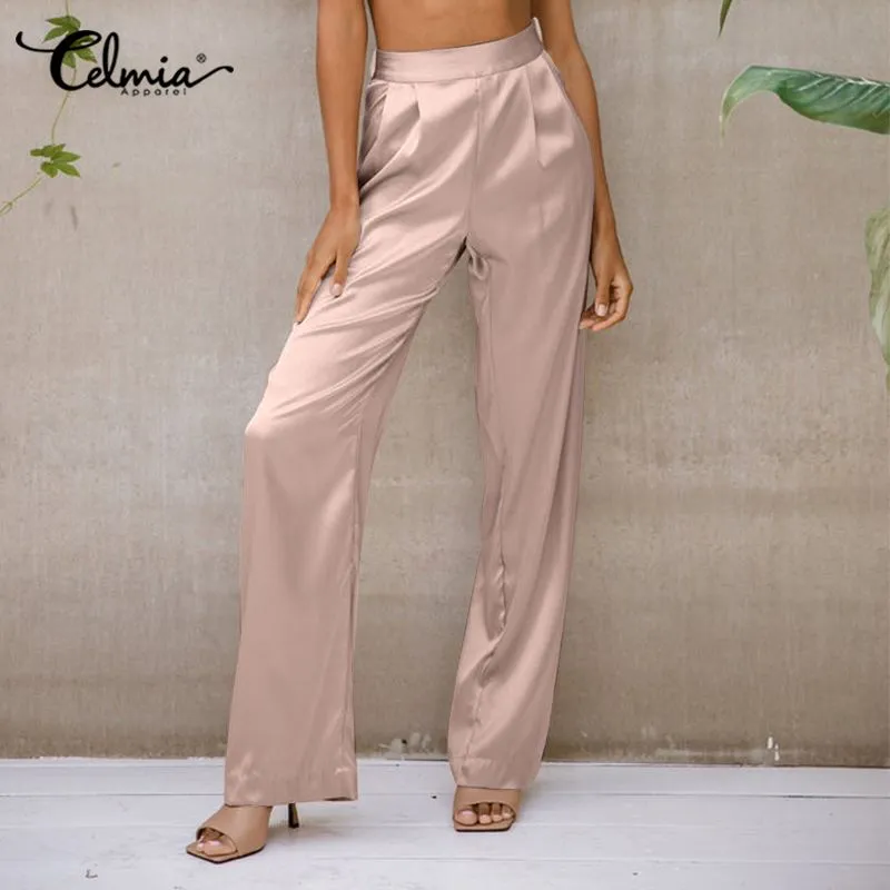 Elegant Satin Wide Leg Pants 2022 Fashion Long Pants Women High Waist Lady Pleated Casual Pockets Office Pantalon Femme