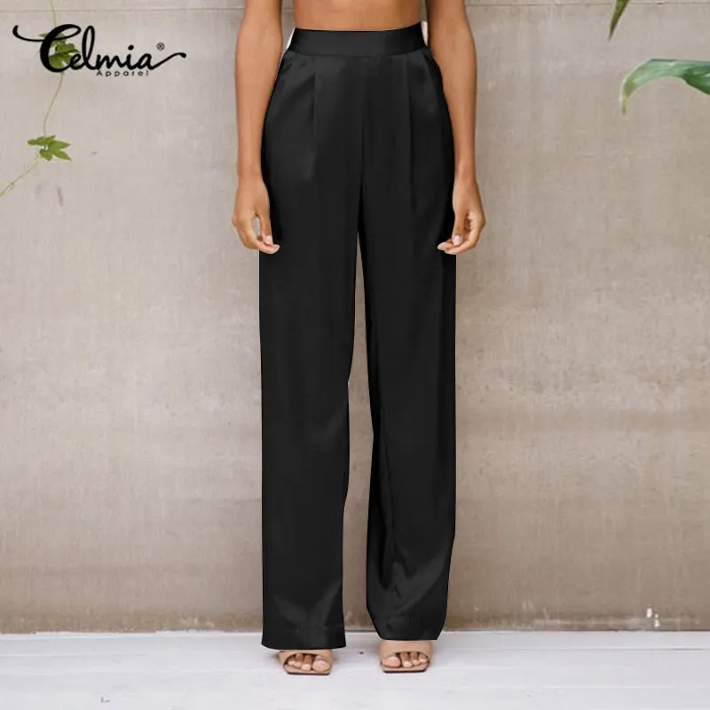 Elegant Satin Wide Leg Pants 2022 Fashion Long Pants Women High Waist Lady Pleated Casual Pockets Office Pantalon Femme