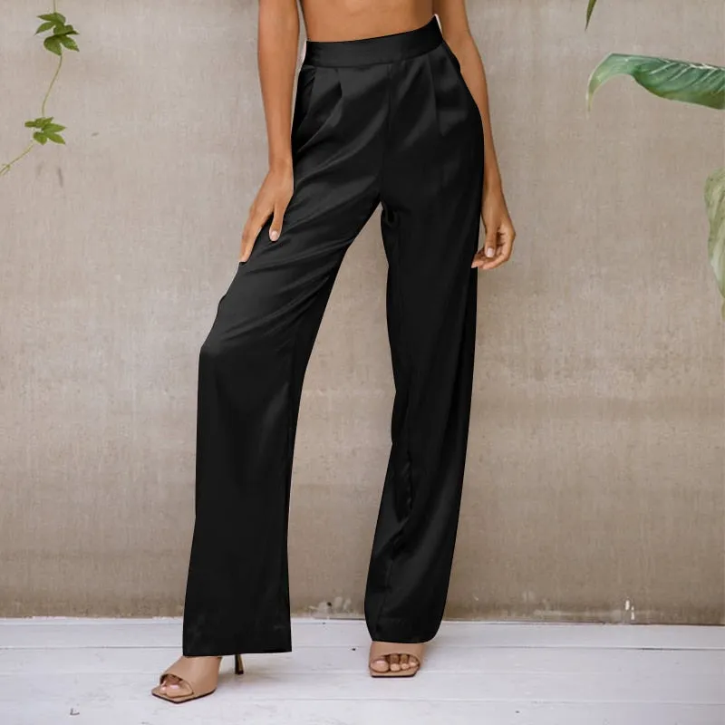 Elegant Satin Wide Leg Pants 2022 Fashion Long Pants Women High Waist Lady Pleated Casual Pockets Office Pantalon Femme