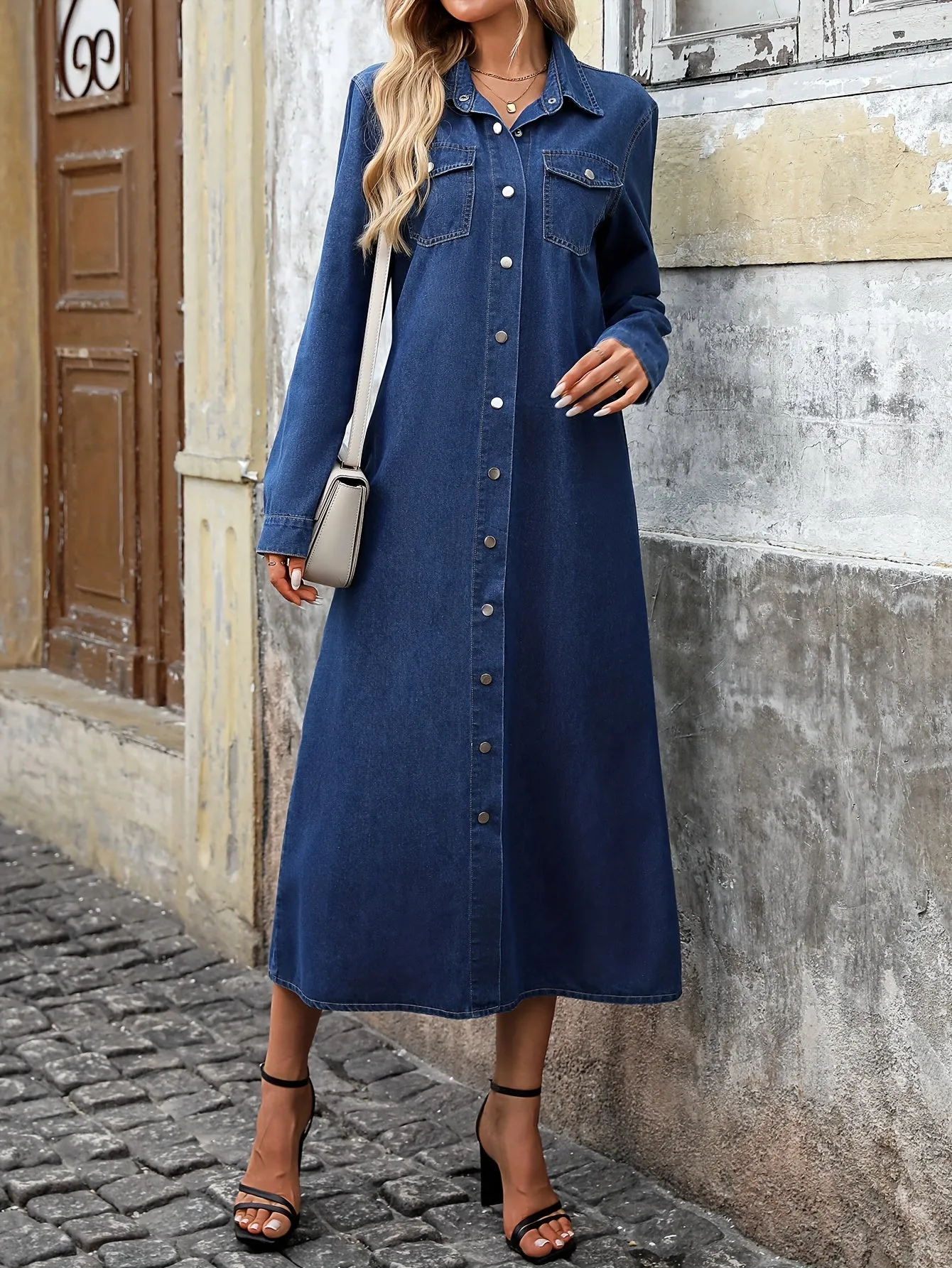 Elegant Solid Denim Dress For Fall & Winter, Long Sleeve Buttons Lapel Collar Maxi Dress, Women's Clothing