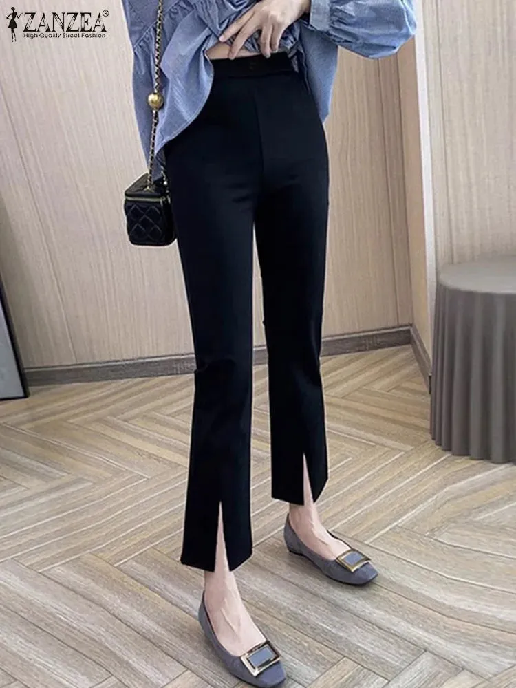 Elegant Women OL Pants Elastic Waist Casual Trousers 2024 ZANZEA Summer Fashion Solid Color Pantalons Office Bell-bottoms Femme