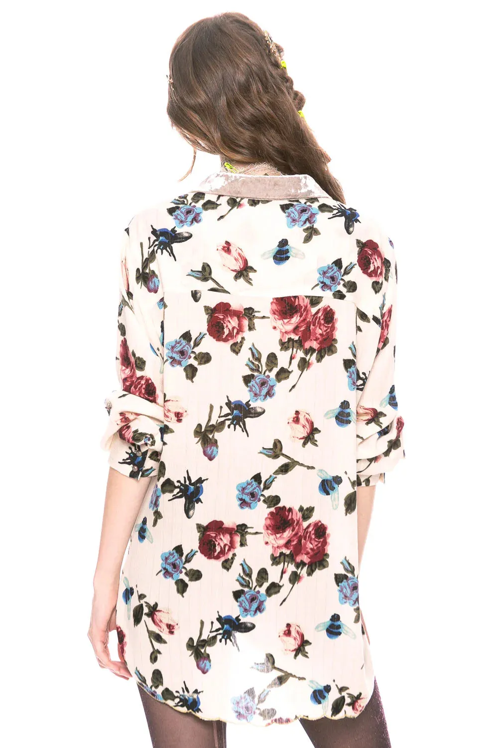 Embroidered Jewel Color Floral on Cream Shirt