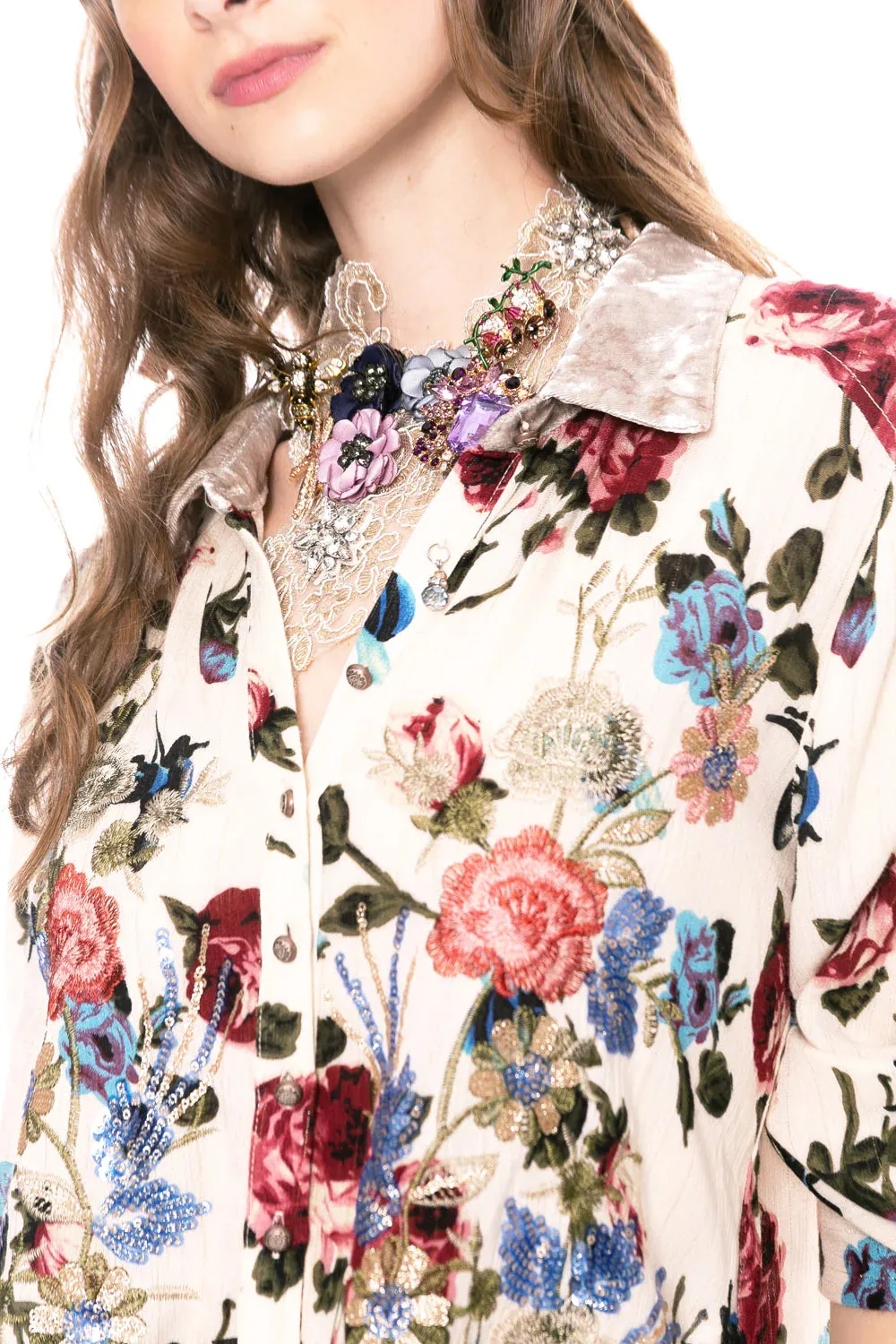 Embroidered Jewel Color Floral on Cream Shirt