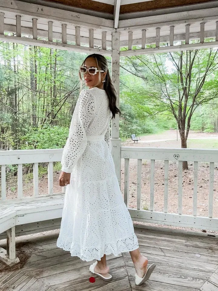 Emilia Eyelet V-neck Tiered Midi Dress