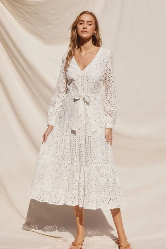 Emilia Eyelet V-neck Tiered Midi Dress