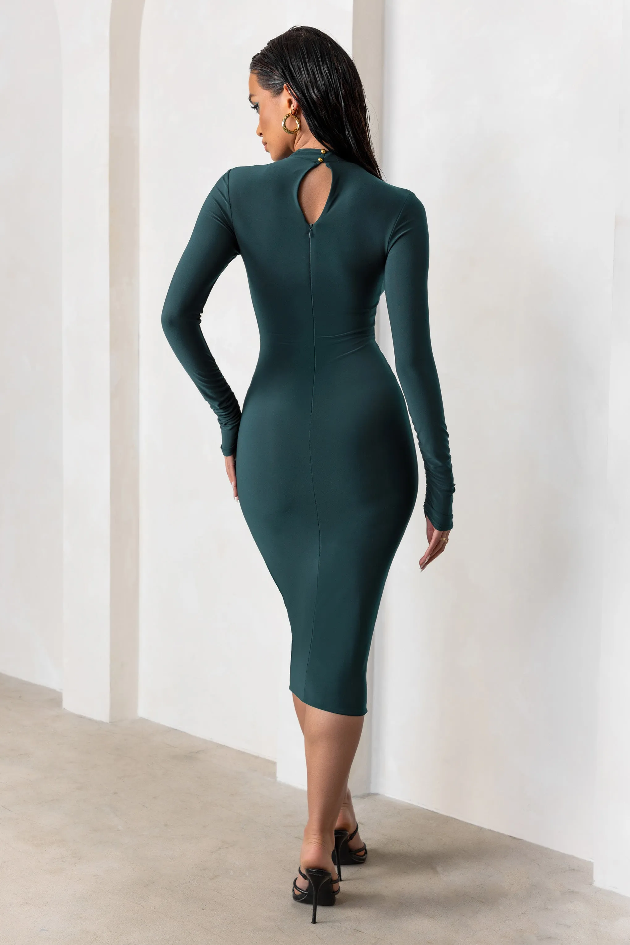 Endless Shapes | Bottle Green High Neck Long Sleeves Midi Dress With Skirt Twist Detail