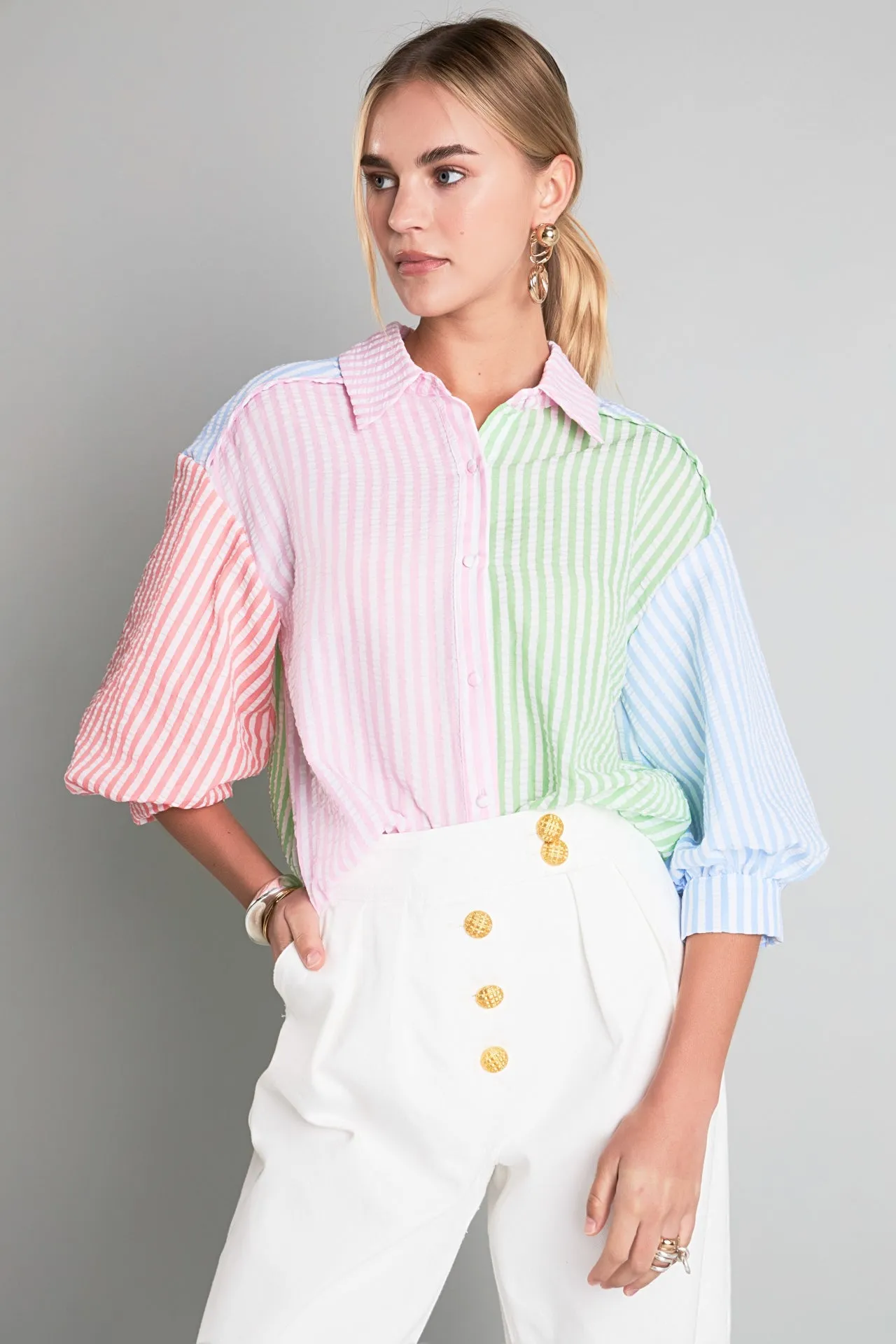 English Factory - Seersucker Striped Colorblock Shirt