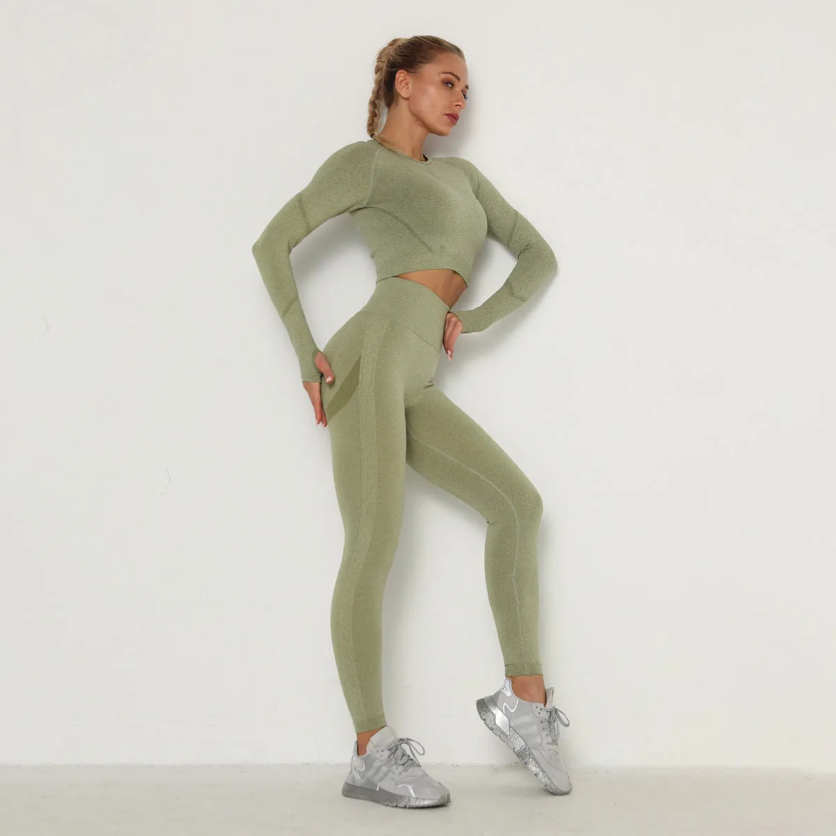 European and American Pleated Seamless Yoga Suit Women's High Waist Slimming and Tight Sports Long Sleeve Fitness Yoga Pants Two-Piece Suit