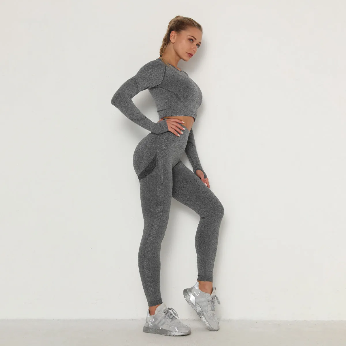 European and American Pleated Seamless Yoga Suit Women's High Waist Slimming and Tight Sports Long Sleeve Fitness Yoga Pants Two-Piece Suit