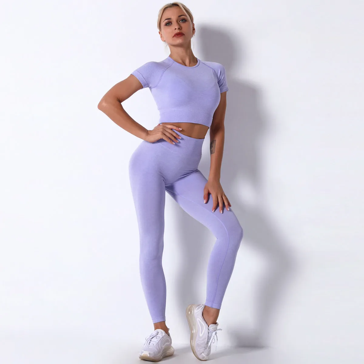 European and American Seamless Knitted Workout Short Sleeve Trousers Yoga Suit