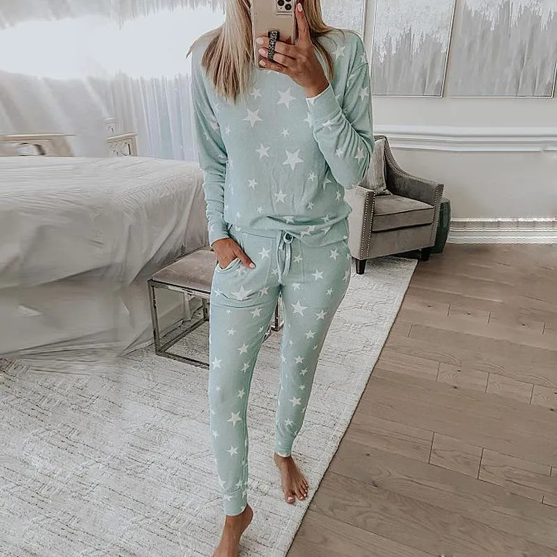 Fashion Star Pattern Long Sleeve Top Pants Women's Home Sleepwear Pajamas Set