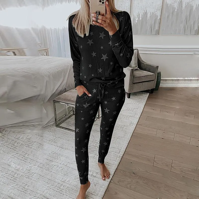 Fashion Star Pattern Long Sleeve Top Pants Women's Home Sleepwear Pajamas Set