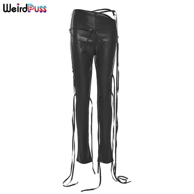 Faux Leather Skinny Sling High Waist Pencil Pants Asymmetry Solid Chic Tight Trouser Fall String Pants