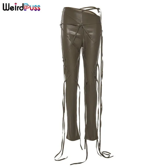 Faux Leather Skinny Sling High Waist Pencil Pants Asymmetry Solid Chic Tight Trouser Fall String Pants