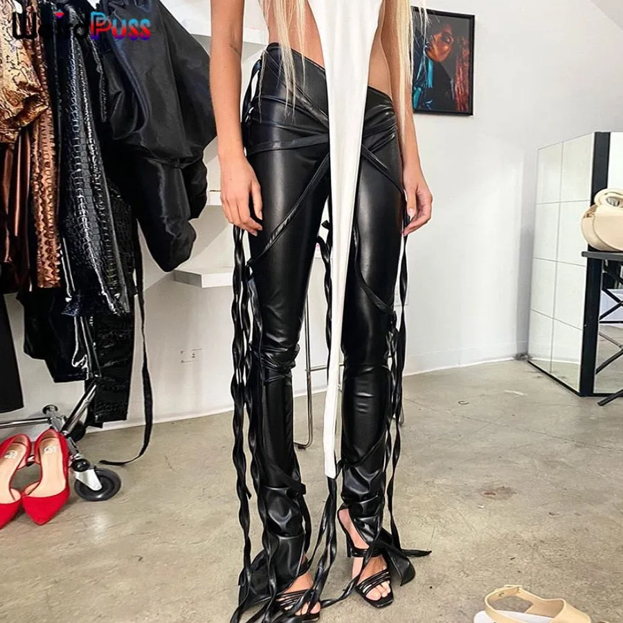 Faux Leather Skinny Sling High Waist Pencil Pants Asymmetry Solid Chic Tight Trouser Fall String Pants