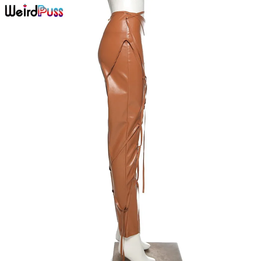 Faux Leather Skinny Sling High Waist Pencil Pants Asymmetry Solid Chic Tight Trouser Fall String Pants