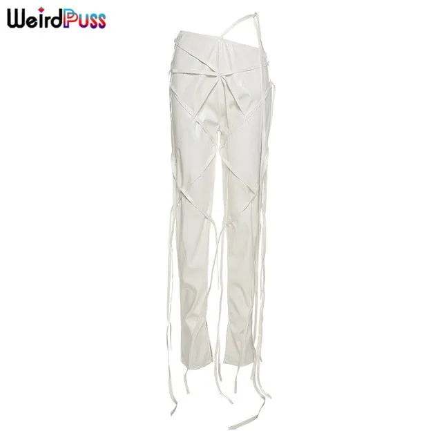 Faux Leather Skinny Sling High Waist Pencil Pants Asymmetry Solid Chic Tight Trouser Fall String Pants