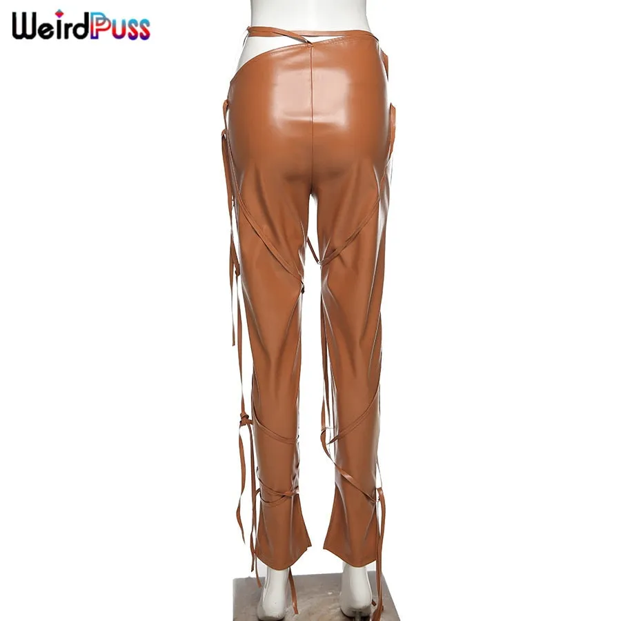 Faux Leather Skinny Sling High Waist Pencil Pants Asymmetry Solid Chic Tight Trouser Fall String Pants