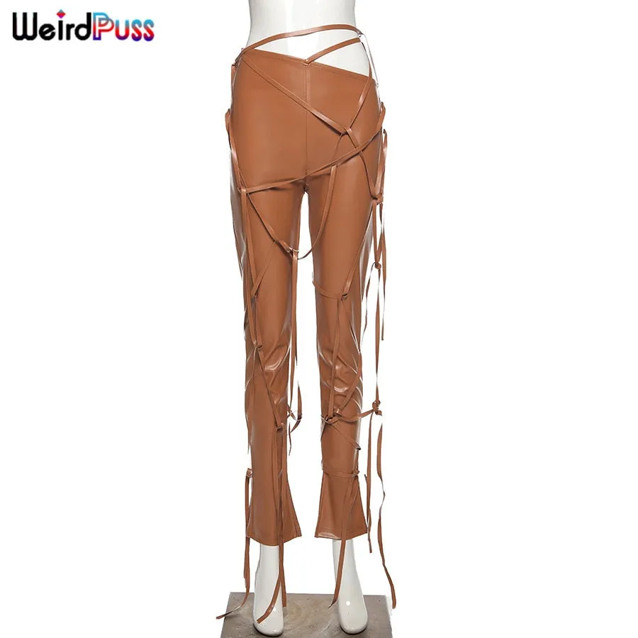 Faux Leather Skinny Sling High Waist Pencil Pants Asymmetry Solid Chic Tight Trouser Fall String Pants