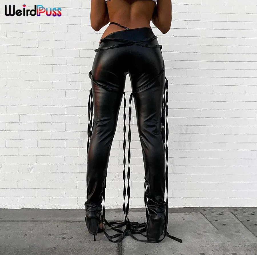 Faux Leather Skinny Sling High Waist Pencil Pants Asymmetry Solid Chic Tight Trouser Fall String Pants