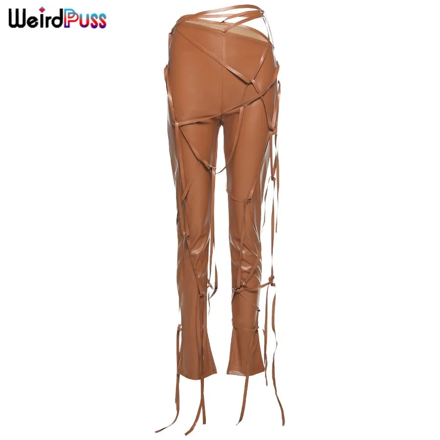 Faux Leather Skinny Sling High Waist Pencil Pants Asymmetry Solid Chic Tight Trouser Fall String Pants