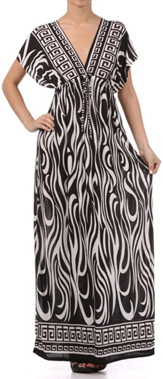 Flames on Solid Black Graphic Print V-Neck Cap Sleeve Empire Waist Long / Maxi Dress