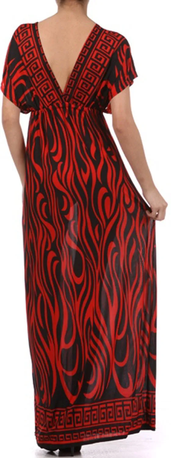 Flames on Solid Black Graphic Print V-Neck Cap Sleeve Empire Waist Long / Maxi Dress