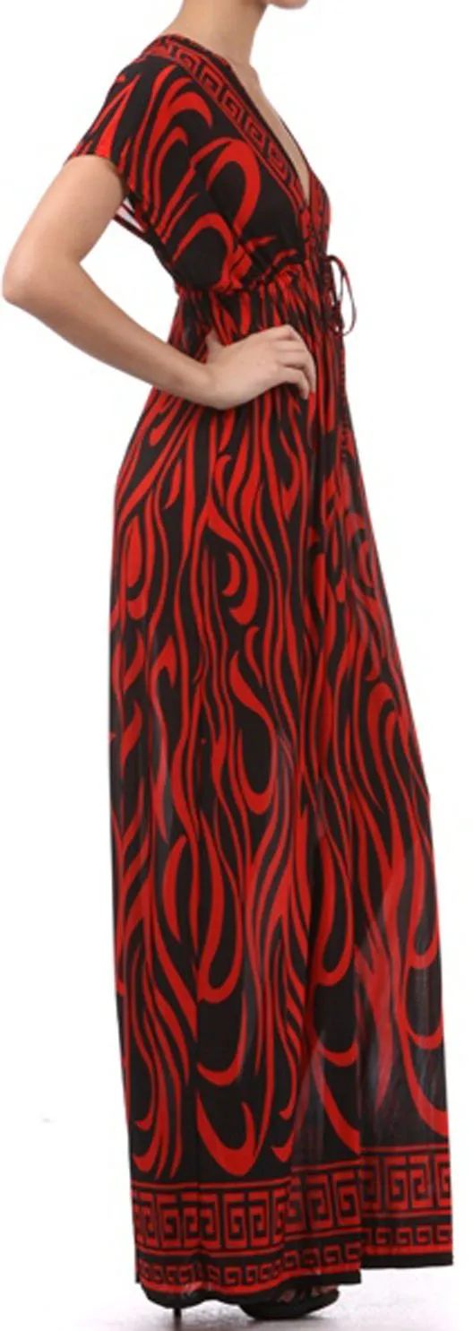 Flames on Solid Black Graphic Print V-Neck Cap Sleeve Empire Waist Long / Maxi Dress