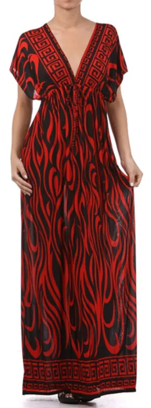 Flames on Solid Black Graphic Print V-Neck Cap Sleeve Empire Waist Long / Maxi Dress