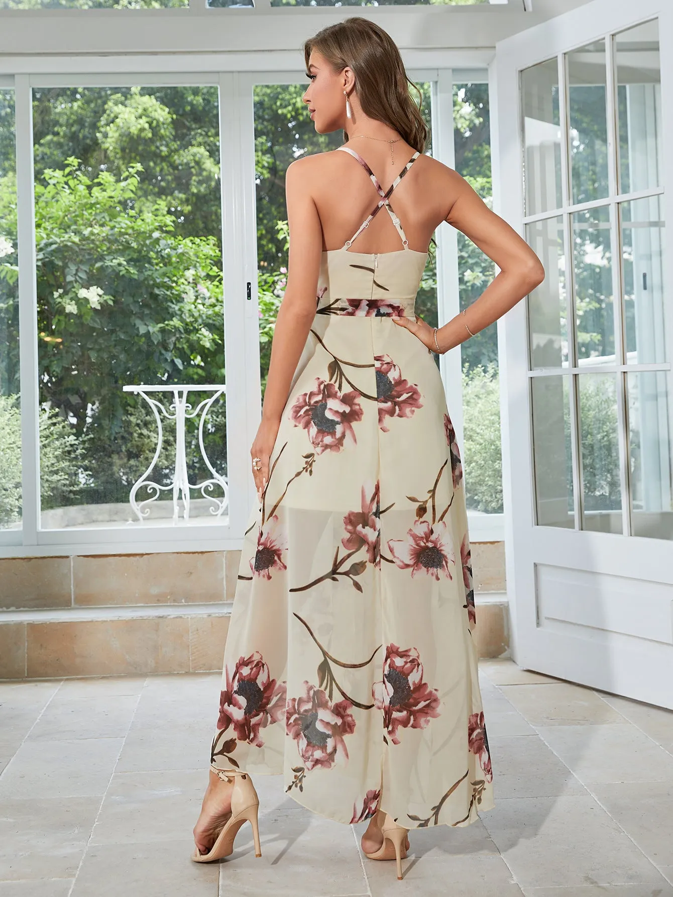 Floral Print Surplice Belted Maxi Dress