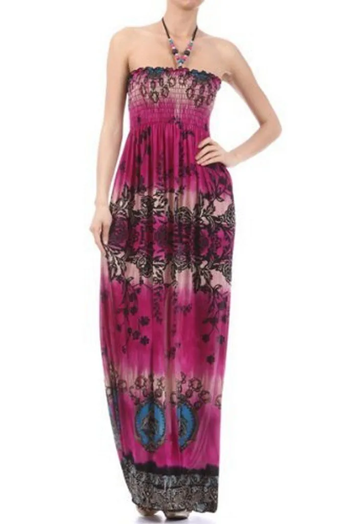 Floral Rose Jeweled Oval Graphic Print Beaded Halter Smocked Bodice Long / Maxi Dress