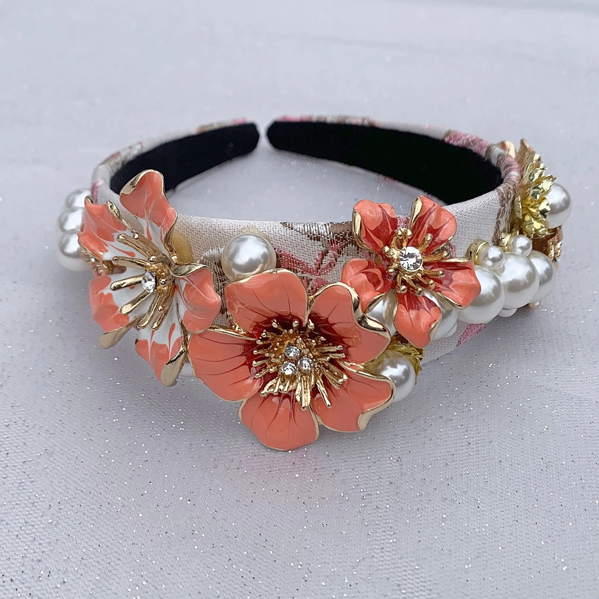 Flower Headband Coral with Pearls Floral Headpiece Hair Band