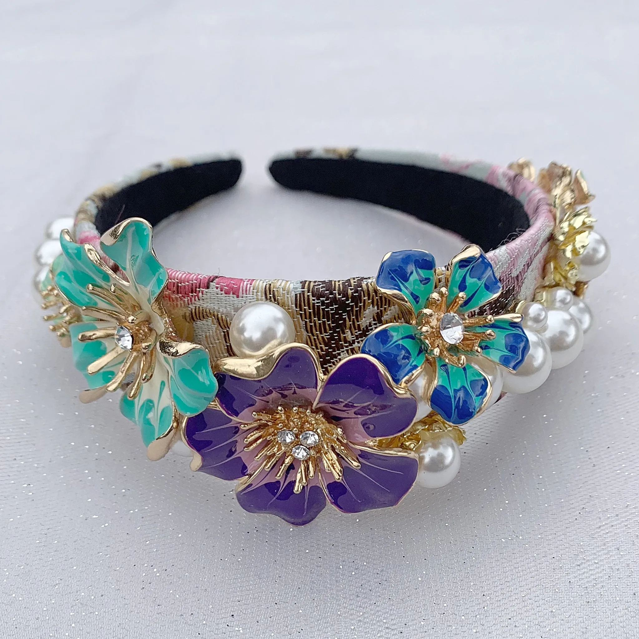 Flower Headband Turquoise Blue Purple with Pearls