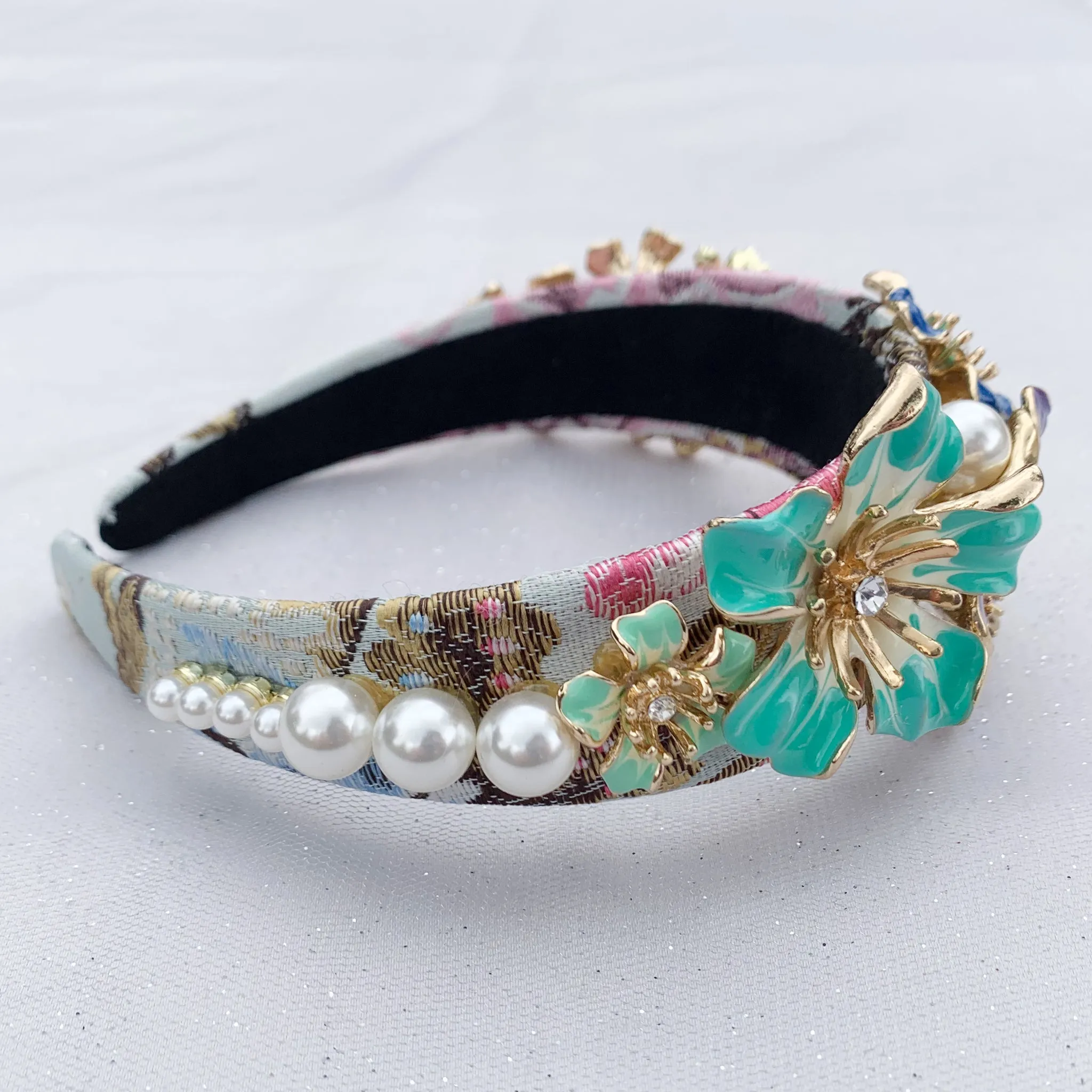 Flower Headband Turquoise Blue Purple with Pearls