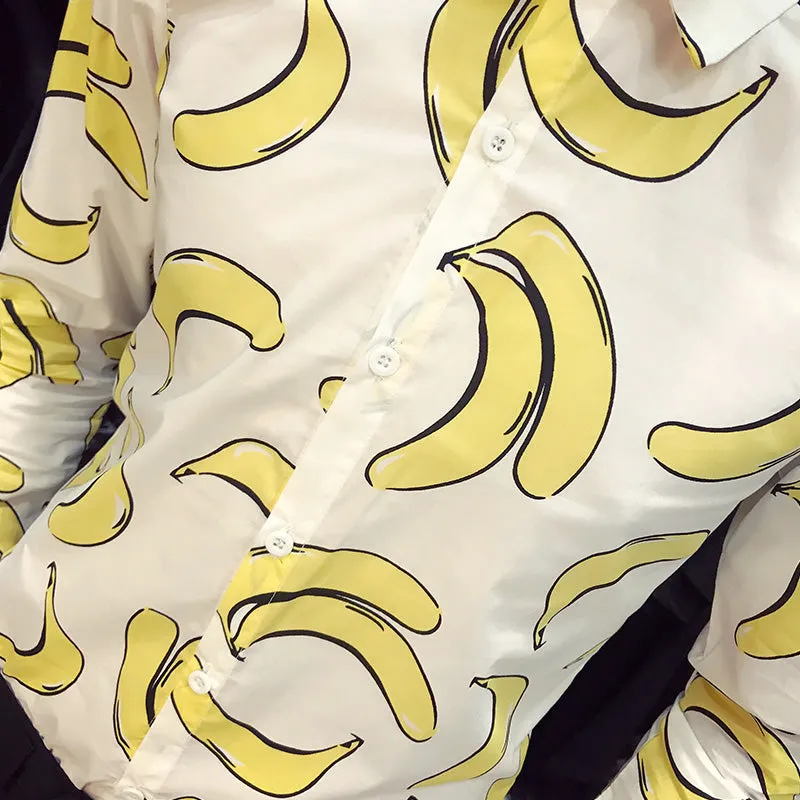 Fun Banana Print Turn Down Collar Men Slim Fit Shirt