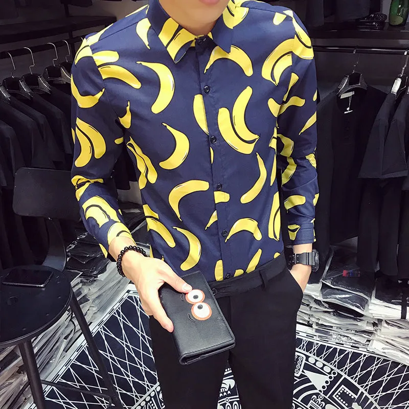 Fun Banana Print Turn Down Collar Men Slim Fit Shirt