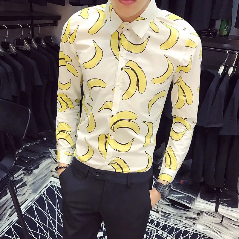 Fun Banana Print Turn Down Collar Men Slim Fit Shirt