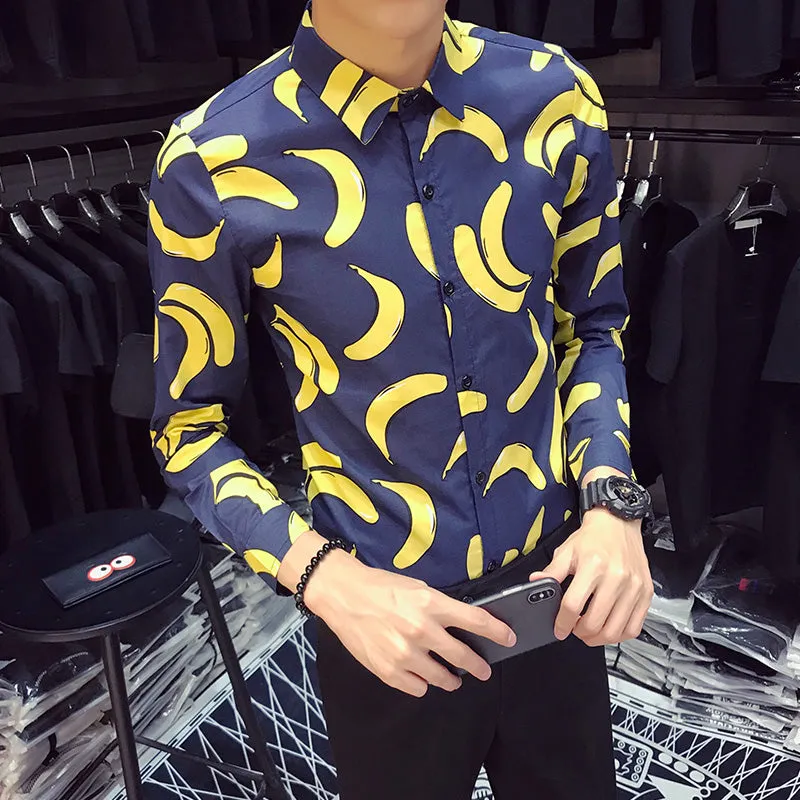 Fun Banana Print Turn Down Collar Men Slim Fit Shirt