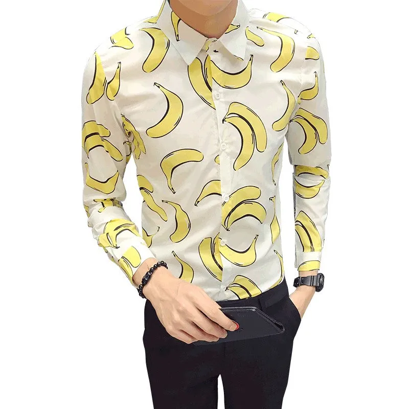 Fun Banana Print Turn Down Collar Men Slim Fit Shirt