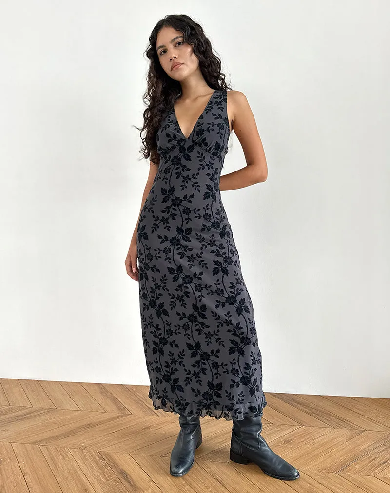 Gabriela Midi Dress in Vine Flocked Floral Ocean Storm