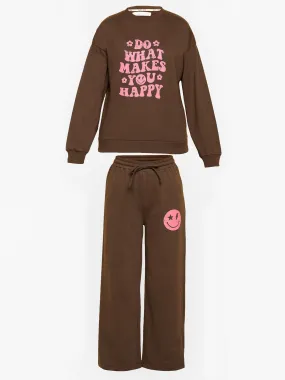 Girls Brown Happy Print Terry Sweatshirt With Track Pants