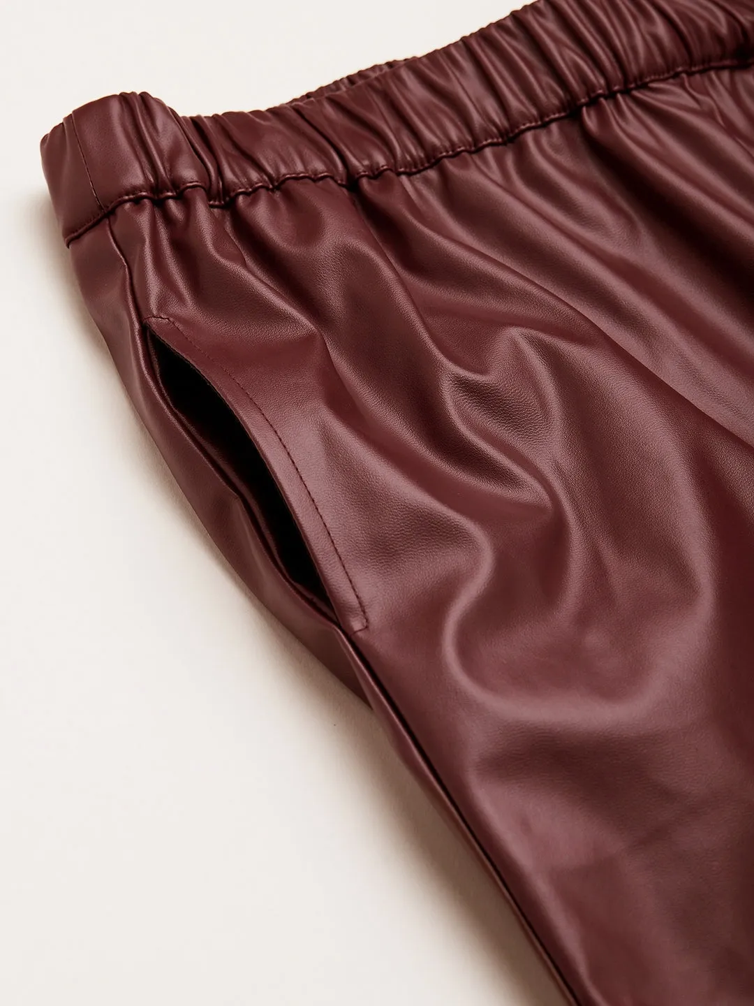 Girls Burgundy Pu Straight Pants