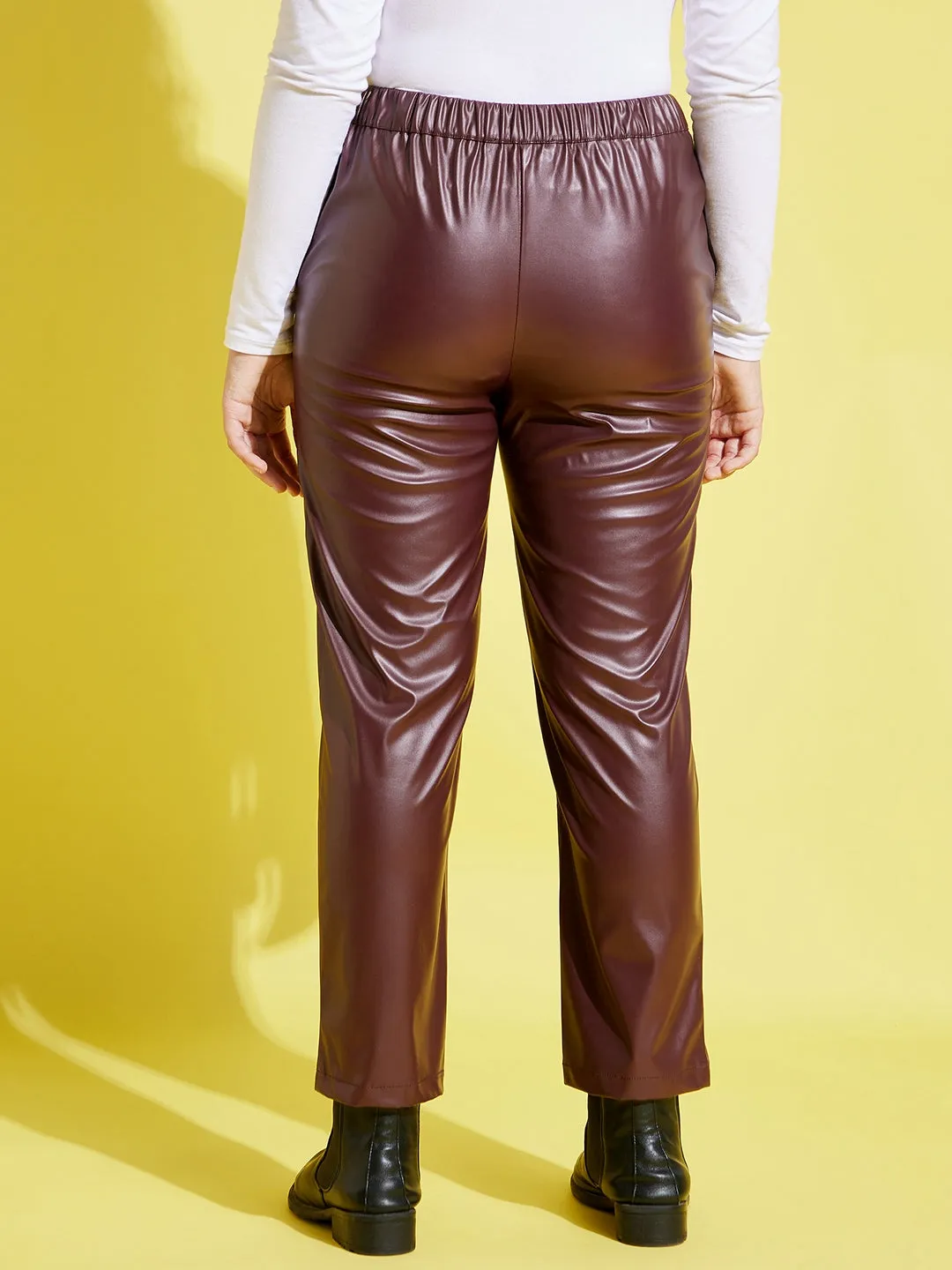 Girls Burgundy Pu Straight Pants