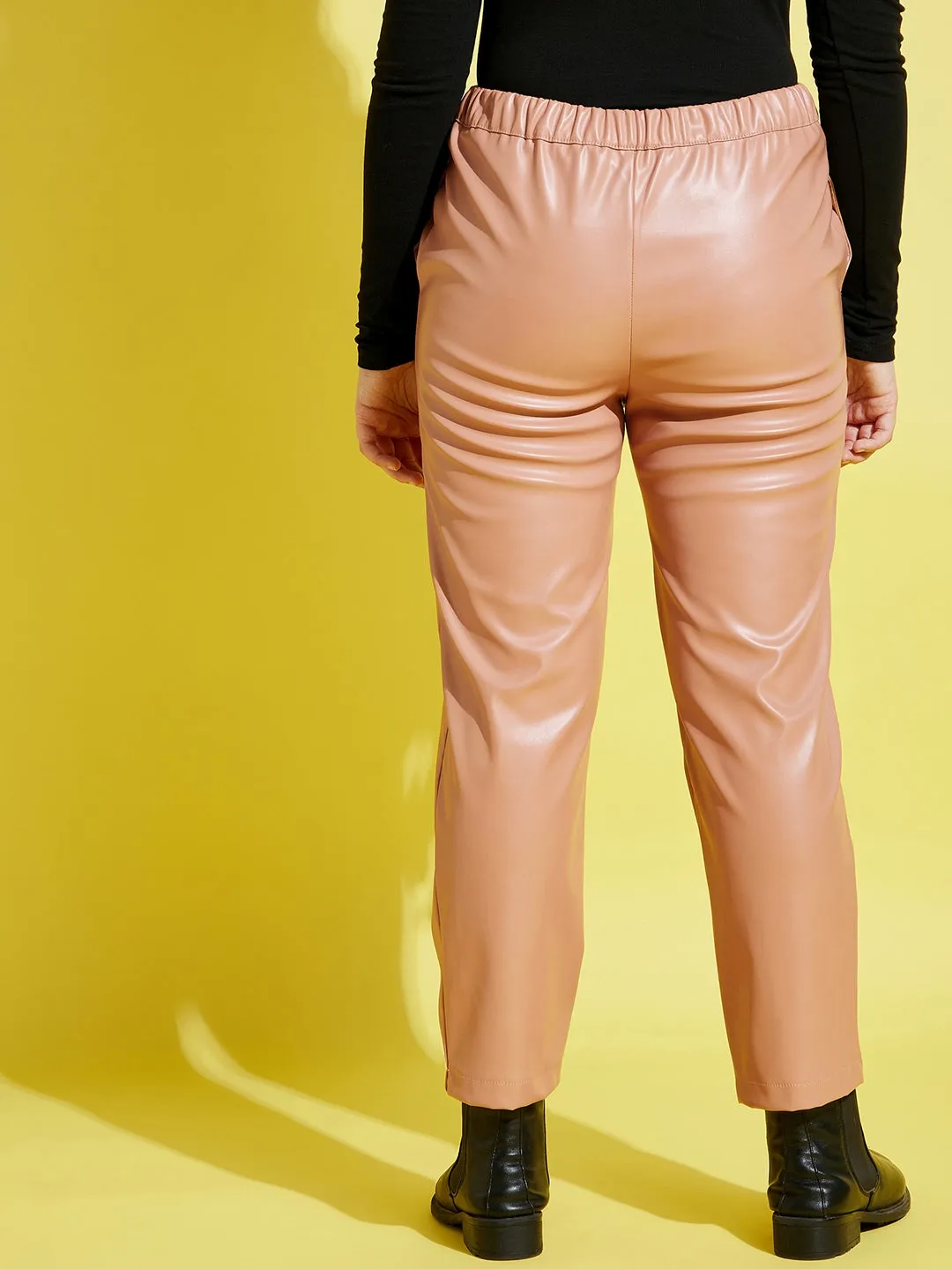 Girls Pale Pink Pu Straight Pants