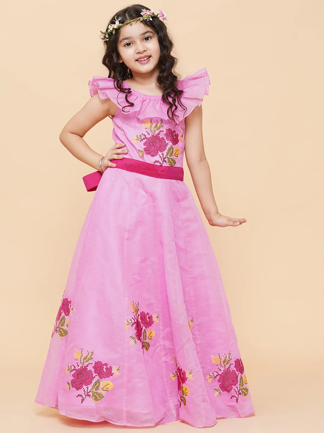 Girl's Pink Floral Embroidered Fit & Flared Dress - Bitiya By Bhama