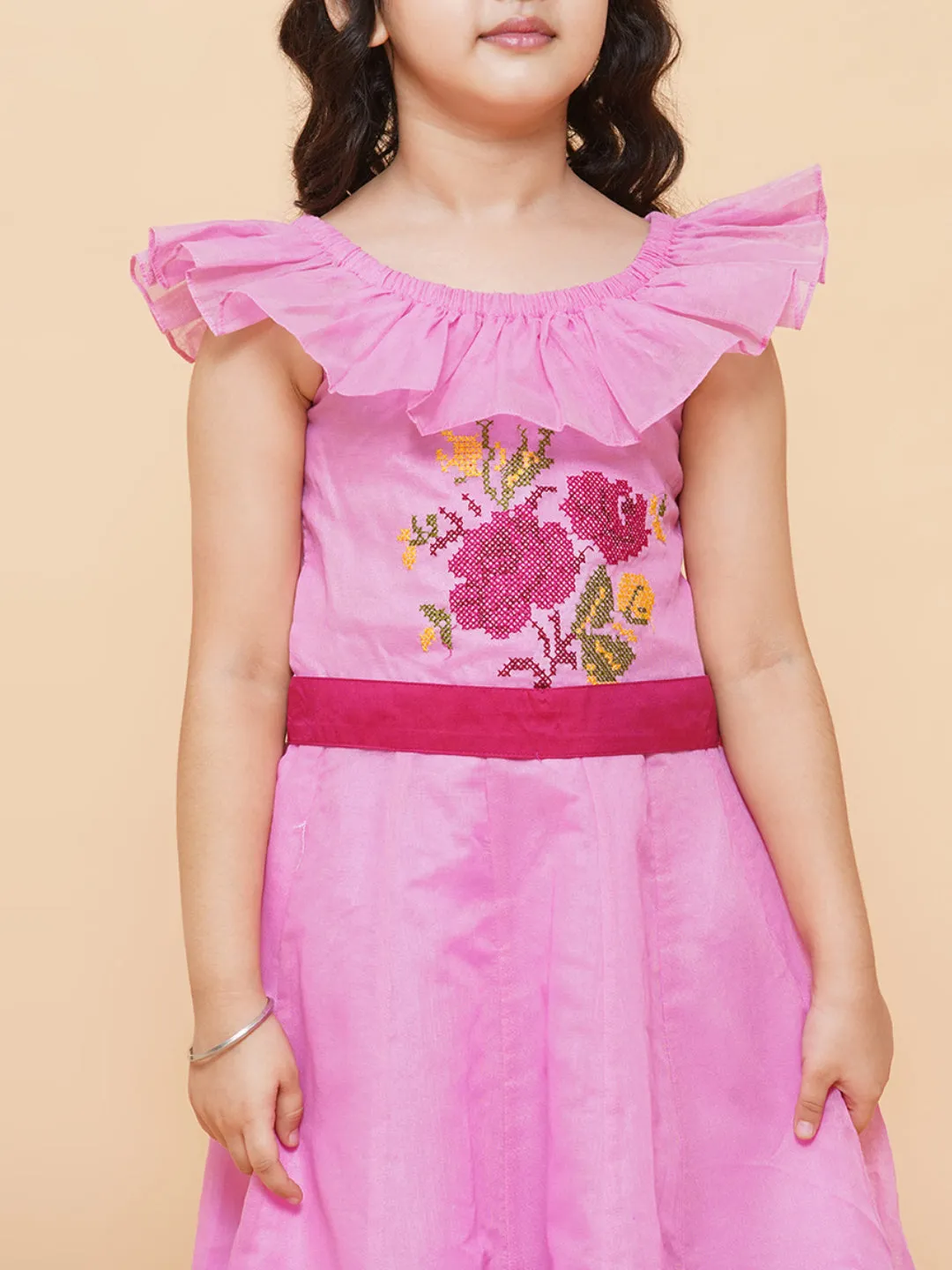 Girl's Pink Floral Embroidered Fit & Flared Dress - Bitiya By Bhama