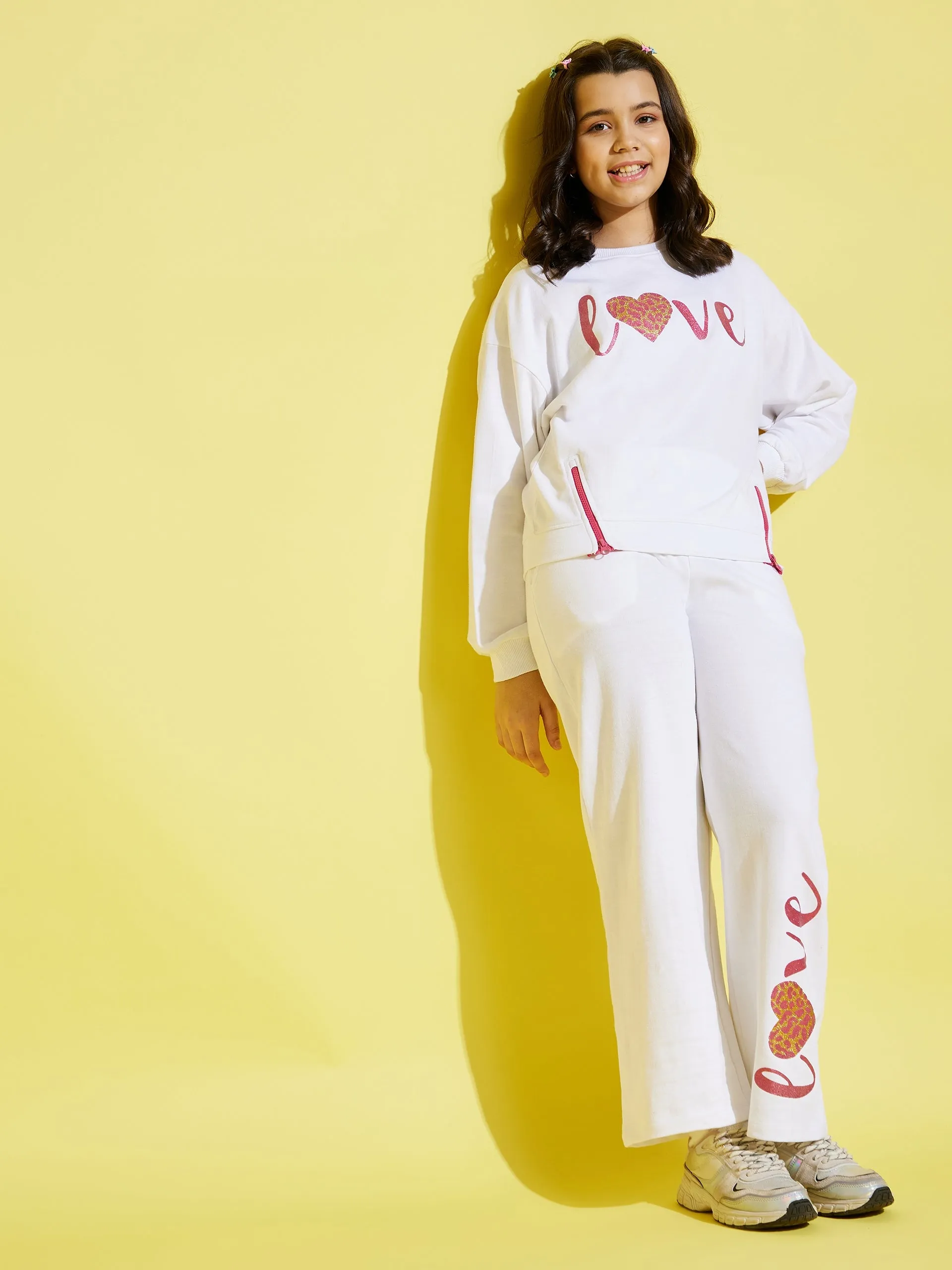 Girls White Terry Love Paper Bag Track Pants