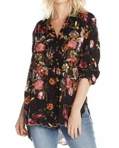 Gold Pinstripe Embellished Floral Blouse With Velvet Collar